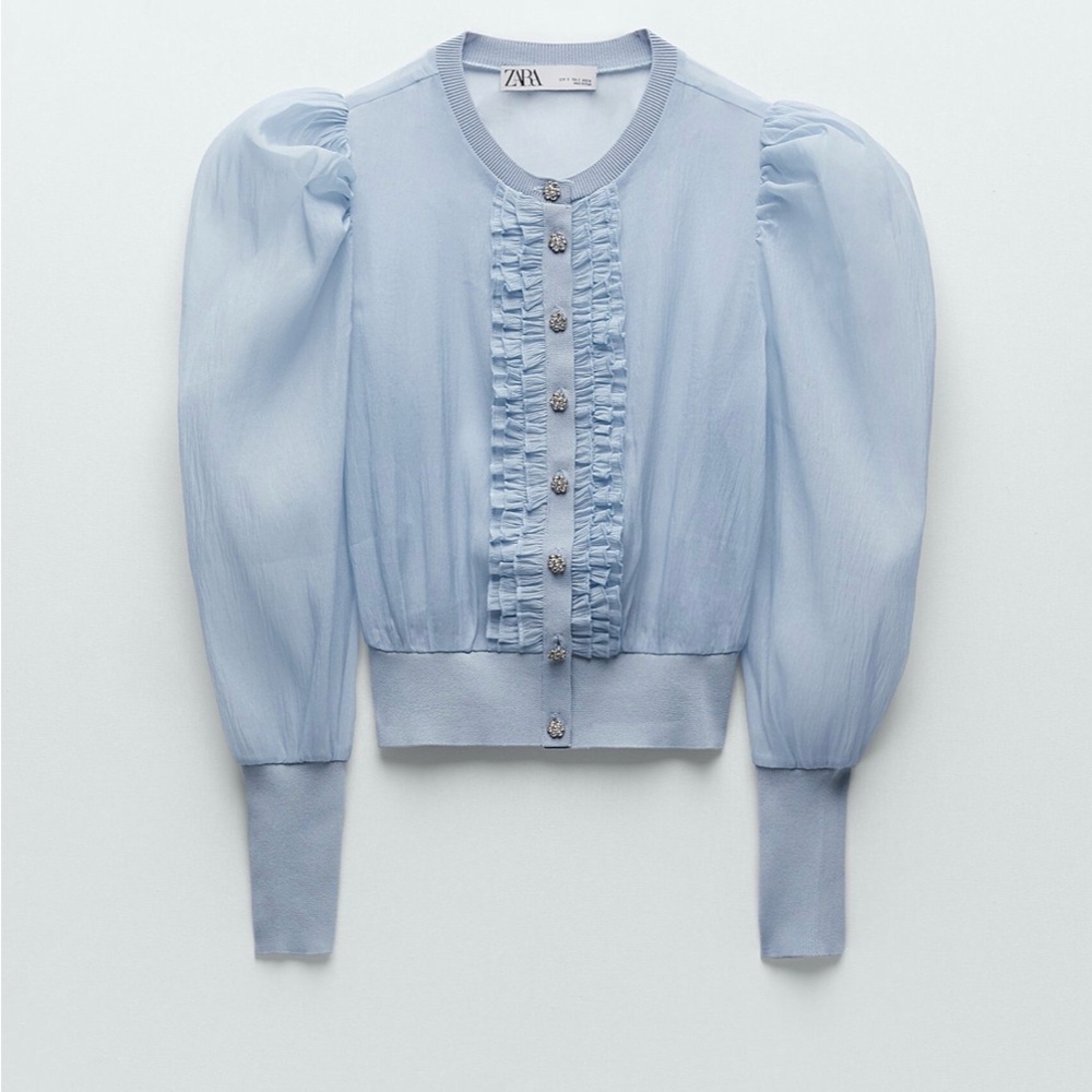 BNWT Zara Pale Blue Ruffle-Front Puff Sleeve Button Cardigan